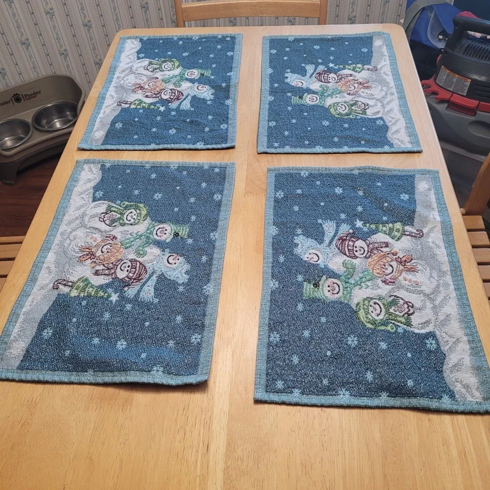Snowman Family Christmas Holiday Tapestry Placemats Set Of‎ 4 With Runner